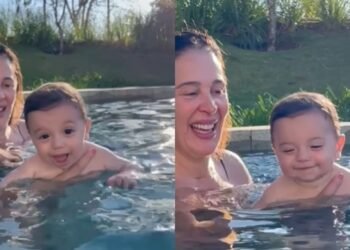 atriz mostra filho 'nadando' em piscina