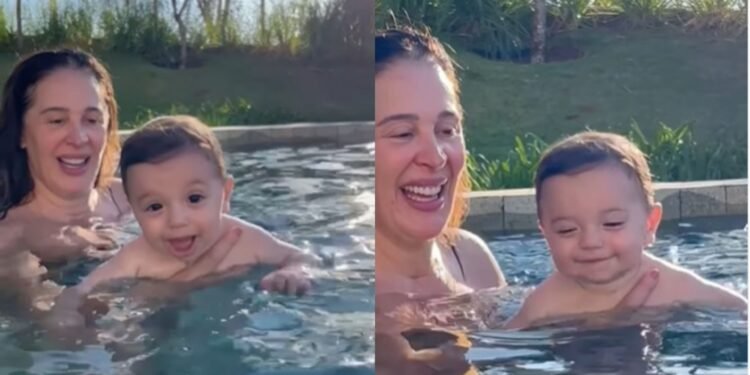 atriz mostra filho 'nadando' em piscina