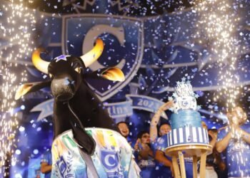 Foto boi Caprichoso ao lado de bolo de 110 anos