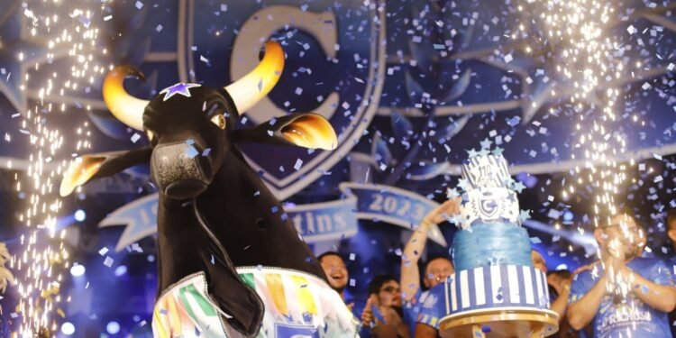 Foto boi Caprichoso ao lado de bolo de 110 anos