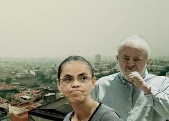 Foto com Manaus encoberta por fumaça e Lula e Marina em destaque