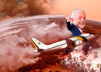 montagem com Lula em avião enquanto Amazônia pega fogo