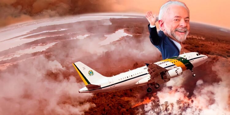 montagem com Lula em avião enquanto Amazônia pega fogo