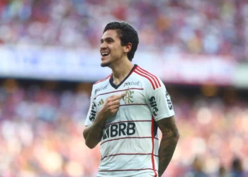 Foto do jogador Pedro do Flamengo comemorando gol