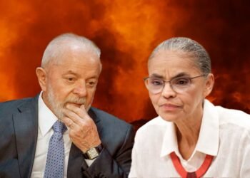 Montagem queimadas no fundo com Lula e Marina