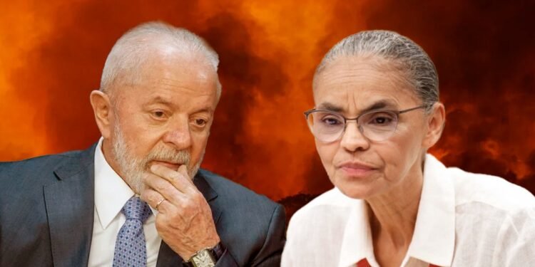 Montagem queimadas no fundo com Lula e Marina