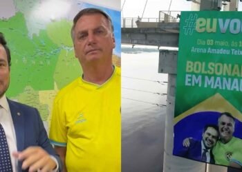 Banner com Bolsonaro e Capitão Alberto Neto é retirado da Ponte Rio Negro - (Reprodução).