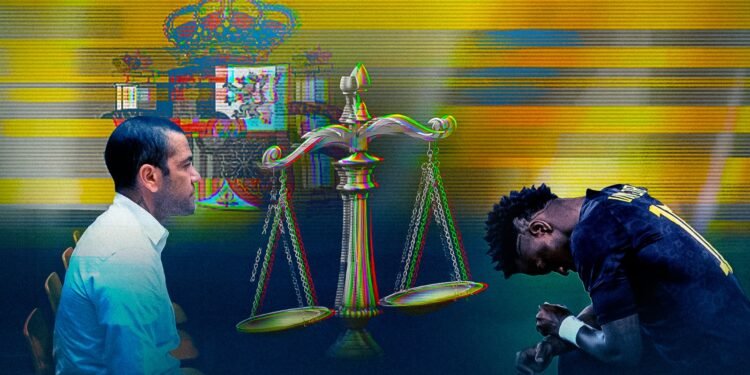 Casos como o de Daniel Alves, condenado por estupro, e Vini Jr,, vítima de racismo, evidenciam fraquezas na justiça do país - (Arte: Abraão Torres)