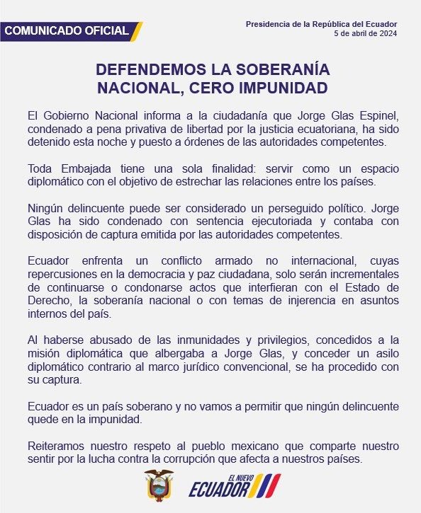 Comunicado oficial do Governo do Equador - (Foto: Presidência da República do Equador)