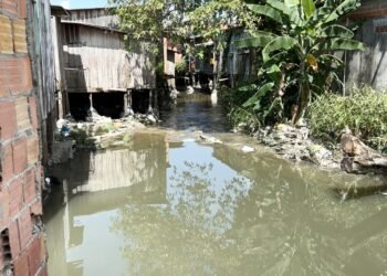 Os esgotos entupidos fazem a água transbordar - (Foto: Hudson Neris/ Rio de Notícias)