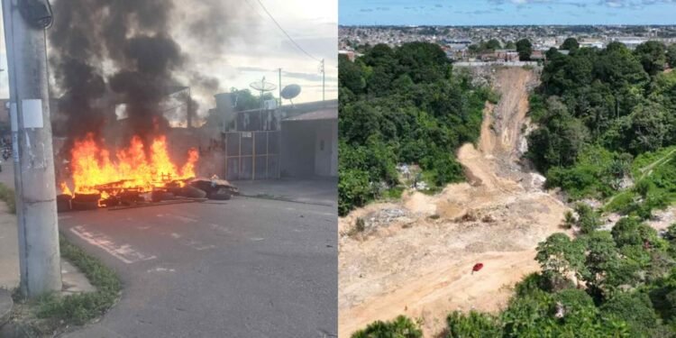 Manifestação e vista aérea do bairro Jorge Teixeira, 14 dias após deslizamento deixar oito mortos (Márcio Melo/Seminf)