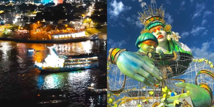 Imagem de Nossa Senhora do Carmo, de 16 metros, chega a Parintins (Reprodução)