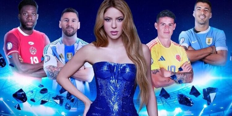 O presidente da Conmebol, Alejandro Domínguez, disse que a apresentação de Shakira "aumentará a mensagem de paixão saudável e união através do esporte"- (Arte: Reprodução/ X @Conmebol)
