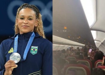 Vídeo: Rebeca Andrade é homenageada por tripulação e passageiros em voo para SP