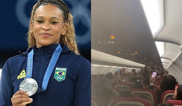 Vídeo: Rebeca Andrade é homenageada por tripulação e passageiros em voo para SP