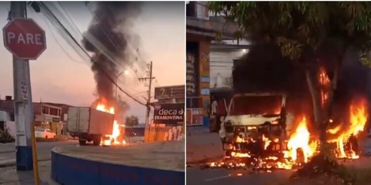Caminhão em chamas e motociclista ferido em acidente de trânsito