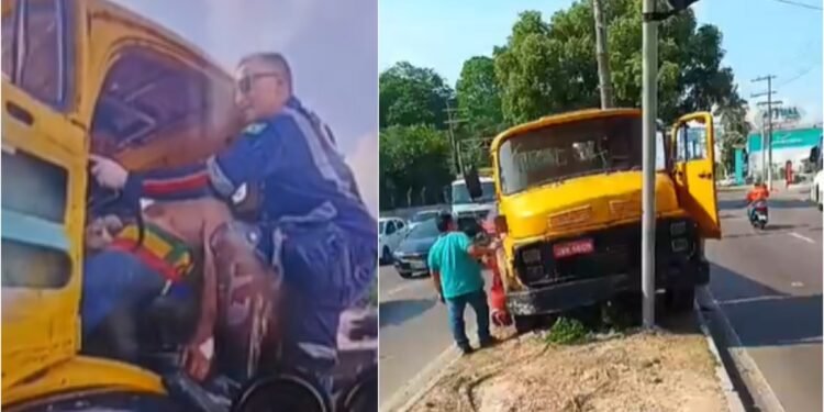 Motorista fica preso nas ferragens de caminhão em Manaus