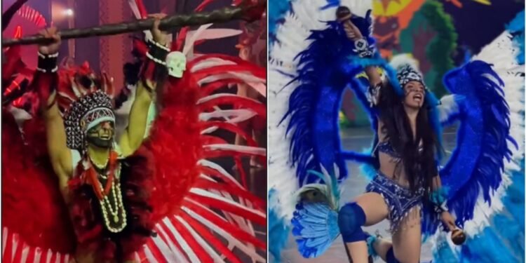 Caprichoso e Garantido são representados em disputa na escola do ex-BBB Michel, em Minas Gerais