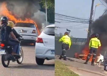 Carro pega fogo e fica destruído na Bola do Coroado