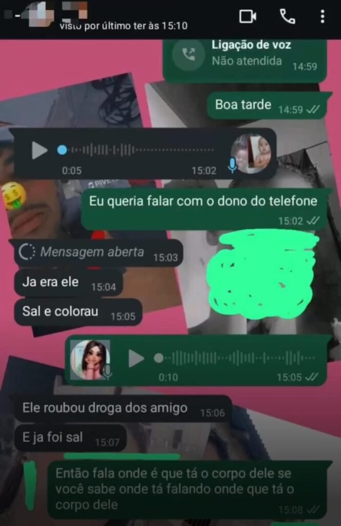 Mensagens enviadas por um dos suspeitos à família da vítima (Foto: Reprodução/ internet)