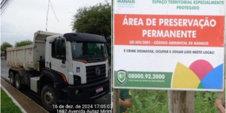 Crime ambiental: caçamba descarrega entulho em Área de Proteção Permanente