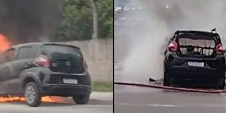 Carro pega fogo nesta terça, 17, na avenida Torquato Tapajós (Fotos: Reprodução/ internet)