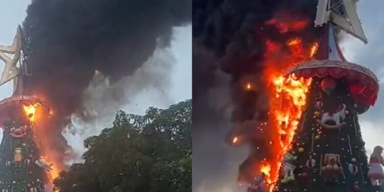 Árvore de natal pega fogo no Largo de São Sebastião (Fotos: Reprodução/ redes sociais)