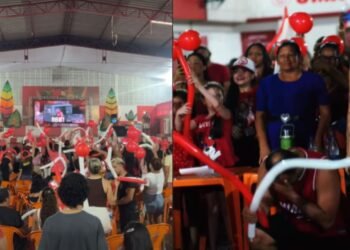 Os torcedores acompanhando a entrada do casal amazonense no BBB 25