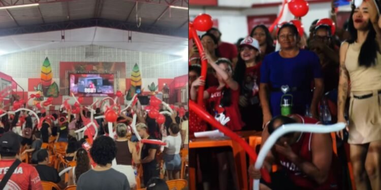 Os torcedores acompanhando a entrada do casal amazonense no BBB 25