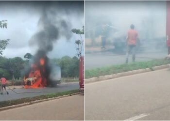 Caminhão baú pega fogo em estrada de Manacapuru