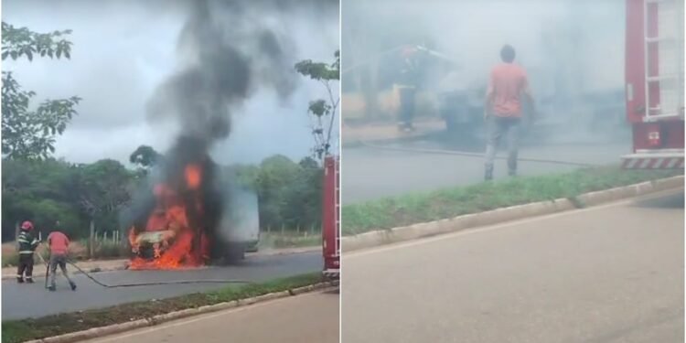 Caminhão baú pega fogo em estrada de Manacapuru