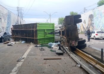 Caminhão de recicláveis tomba na zona Norte de Manaus (Foto: Reprodução/ redes sociais)