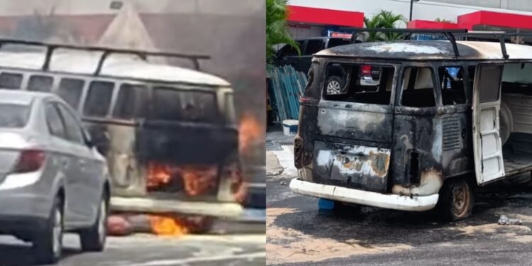 Kombi pega fogo próximo a posto de combustíveis da zona Sul de Manaus (Fotos: Divulgação/ Cristiana Tavares)