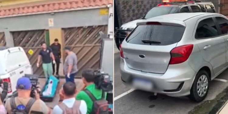 O corpo do assaltante sendo removido pelos agentes do IML