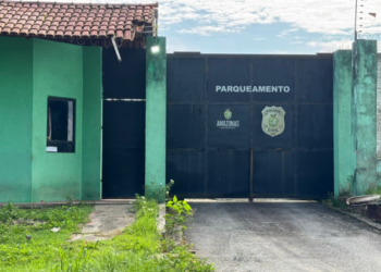 Fachada do parqueamento da Polícia Civil, no Tarumã (Foto: Neto Silva/Portal do Holanda)