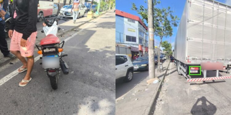 Acidente de trânsito entre moto e caminhão deixa mulher ferida na zona Leste de Manaus (Fotos: Reprodução/ redes sociais)