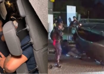 Criminosos capotam carro e ficam presos às ferragens