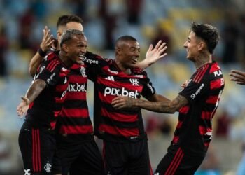 Rio De Janeiro, Brazil. 12th Mar, 2025. RIO DE JANEIRO, BRAZIL - FEBRUARY 12: WESLEY of Flamengo celebrates after scoring the team's first goal during the match between Fluminense and Flamengo as part of First Leg of Campeonato Carioca 2025 Final at Marac