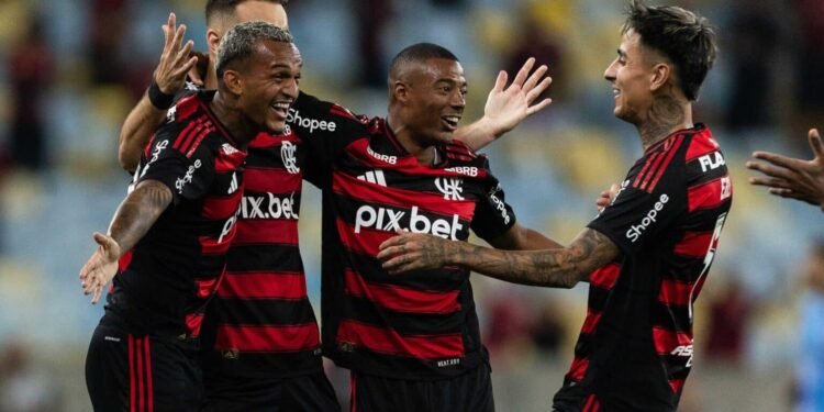 Rio De Janeiro, Brazil. 12th Mar, 2025. RIO DE JANEIRO, BRAZIL - FEBRUARY 12: WESLEY of Flamengo celebrates after scoring the team's first goal during the match between Fluminense and Flamengo as part of First Leg of Campeonato Carioca 2025 Final at Marac