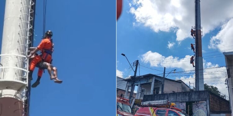 Homem sobe em torre e fica preso no bairro Compensa