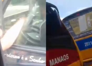 Motoristas do transporte alternativo são flagrados brigando no trânsito na tarde desta sexta-feira, 4/4 (Fotos: Reprodução/ redes sociais)