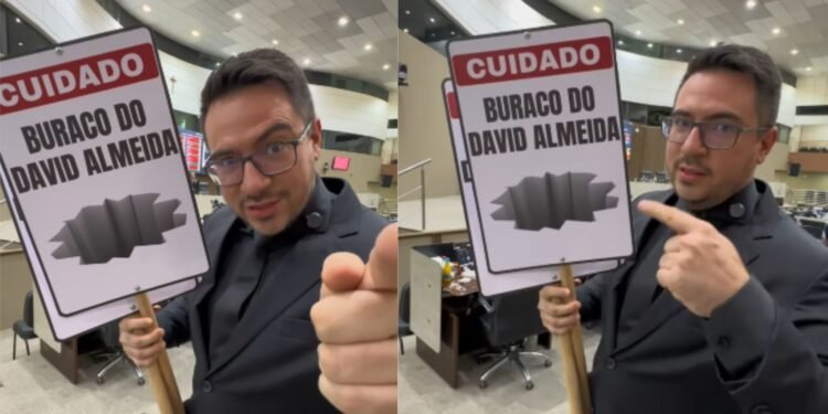 Vereador Rodrigo Guedes cria placas para sinalizar buracos