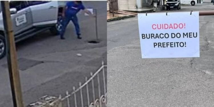 Servidor da prefeitura é flagrado retirando placa de protesto contra buraco na zona Centro-Oeste de Manaus