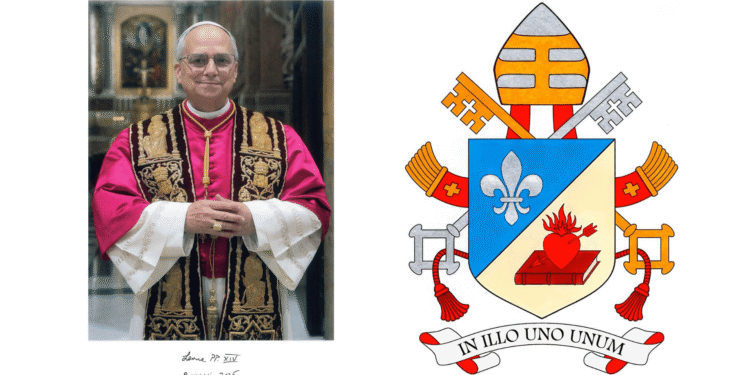 Foto oficial e brasão do Papa Leão XIV / Foto: Reprodução Vatican News