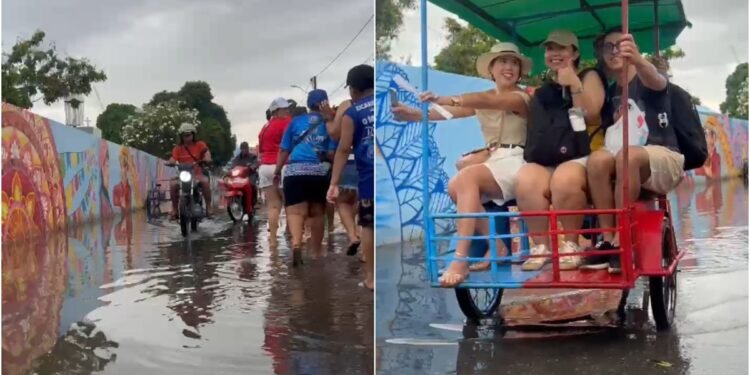 Avenida Amazonas alaga com a forte chuva em Parintins