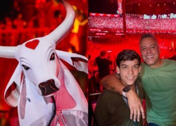 Pai e filho vivem juntos a magia do Festival de Parintins pela primeira vez