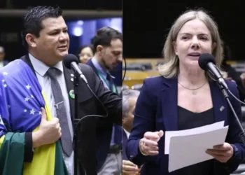 O deputado Gilvan da Federal (PL-ES) e a ministra das Relações Institucionais Gleisi Hoffmann  (Vinicius Loures/Câmara dos Deputados)