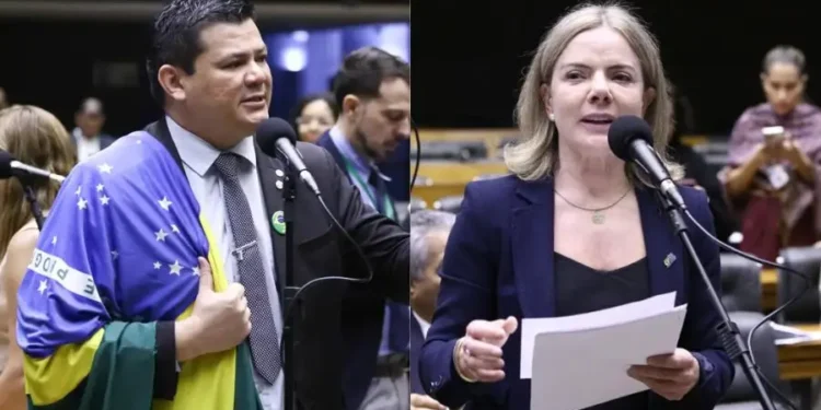 O deputado Gilvan da Federal (PL-ES) e a ministra das Relações Institucionais Gleisi Hoffmann  (Vinicius Loures/Câmara dos Deputados)