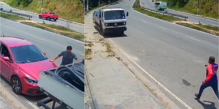 Caminhão desgovernado atinge carros e quase invade residência em Manaus