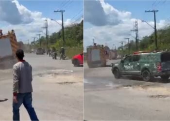 Caminhão dos bombeiros quase tomba ao cair em cratera no Distrito Industrial II